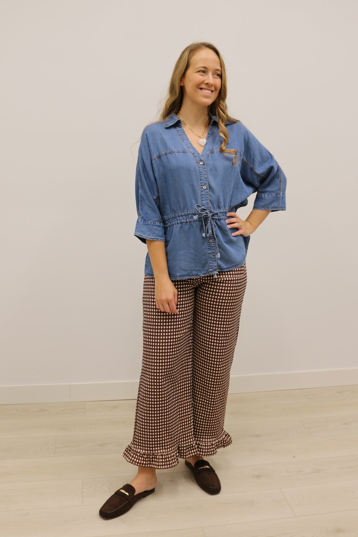 Prescott Chambray 3/4 Sleeve Tie Waist Collared Blouse - Dark Denim