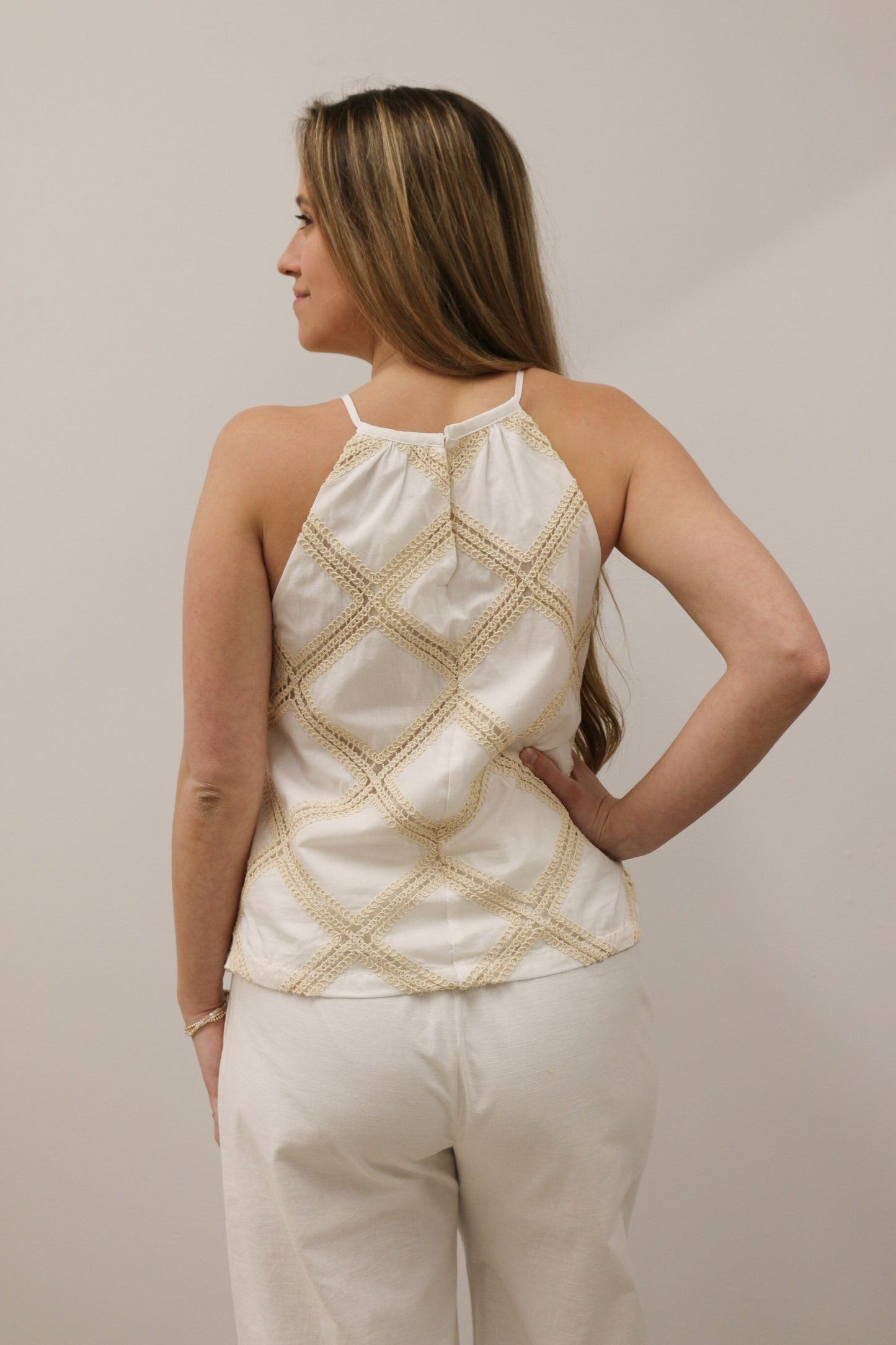 Crochet Detail Lightweight Halter Tank Top - Off White
