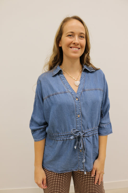 Prescott Chambray 3/4 Sleeve Tie Waist Collared Blouse - Dark Denim