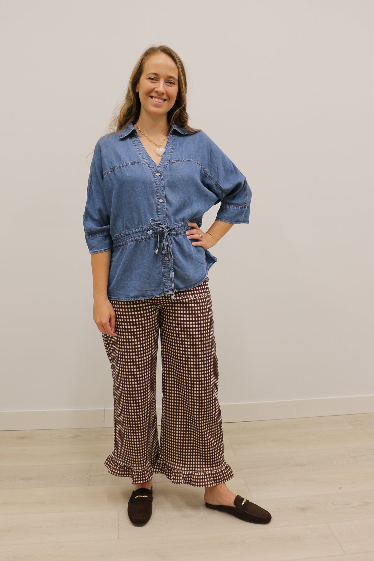 Prescott Chambray 3/4 Sleeve Tie Waist Collared Blouse - Dark Denim
