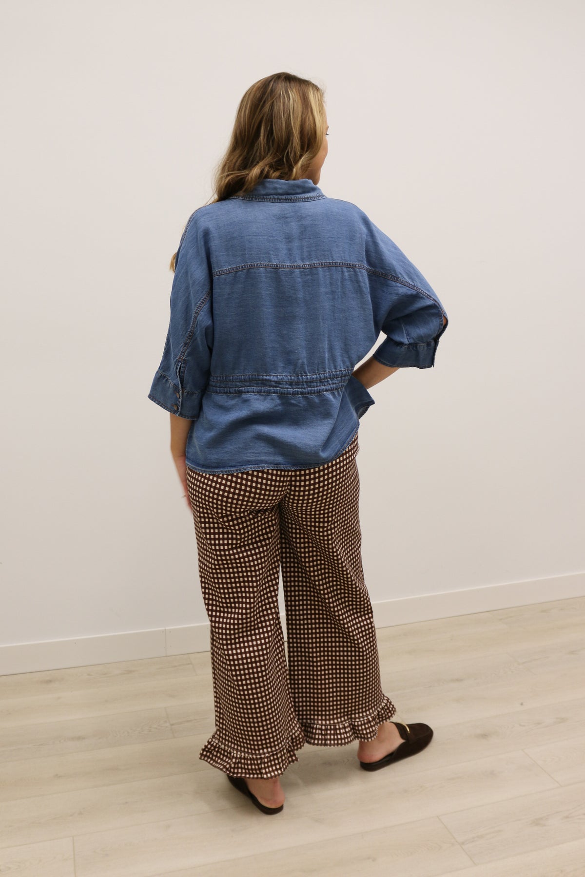 Prescott Chambray 3/4 Sleeve Tie Waist Collared Blouse - Dark Denim