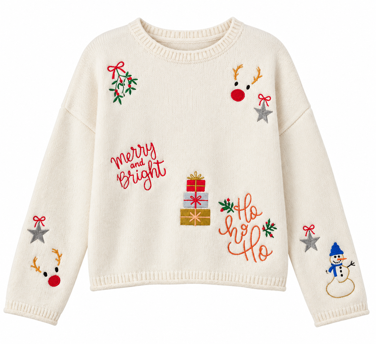 Holiday Cheer Embroidery Long Sleeve Sweater Pullover - Cream Multi
