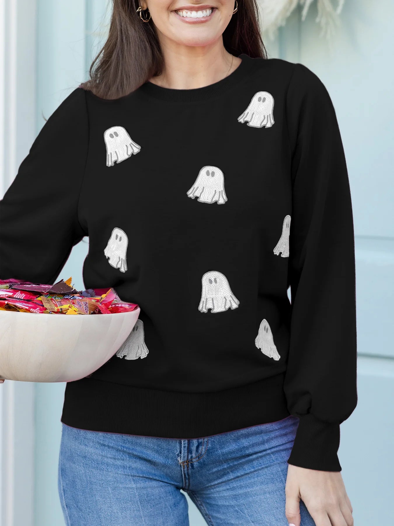 Shelby Sequin Ghosts Embellished Sweatshirt by Mary Square - Black