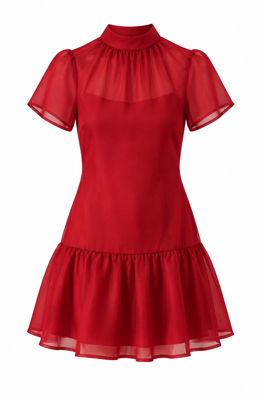 Odette Soft Organza Sheer Slip Short Sleeve Mini Dress - Red