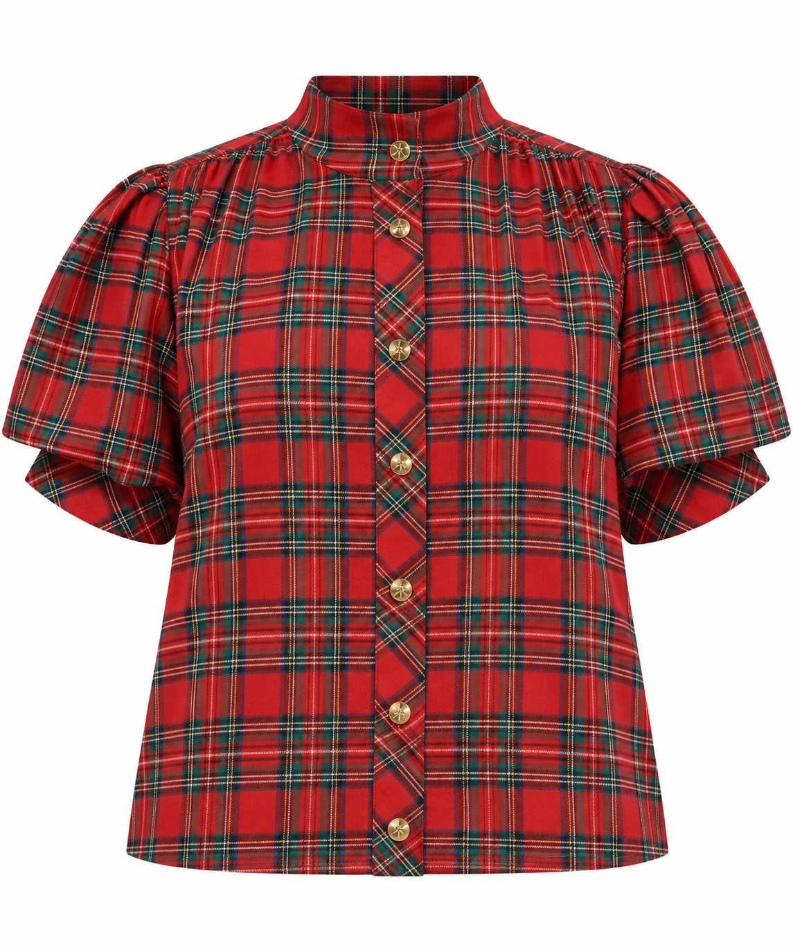 Millie Curve Holiday Plaid Puff Sleeve Blouse - Red Multi
