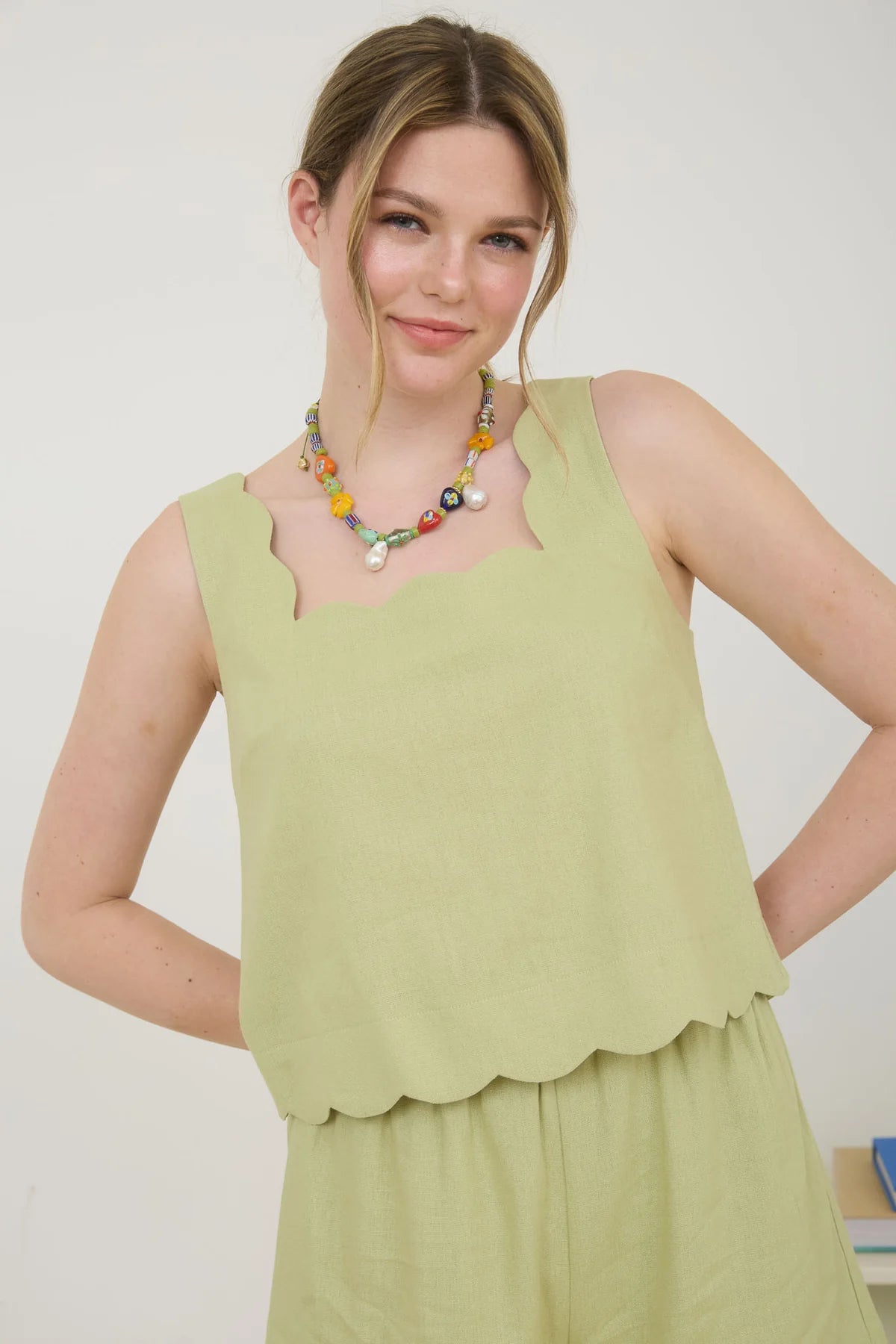 Stephanie Scallop Trim Woven Tank and High Waisted Short Set - Pistachio Green