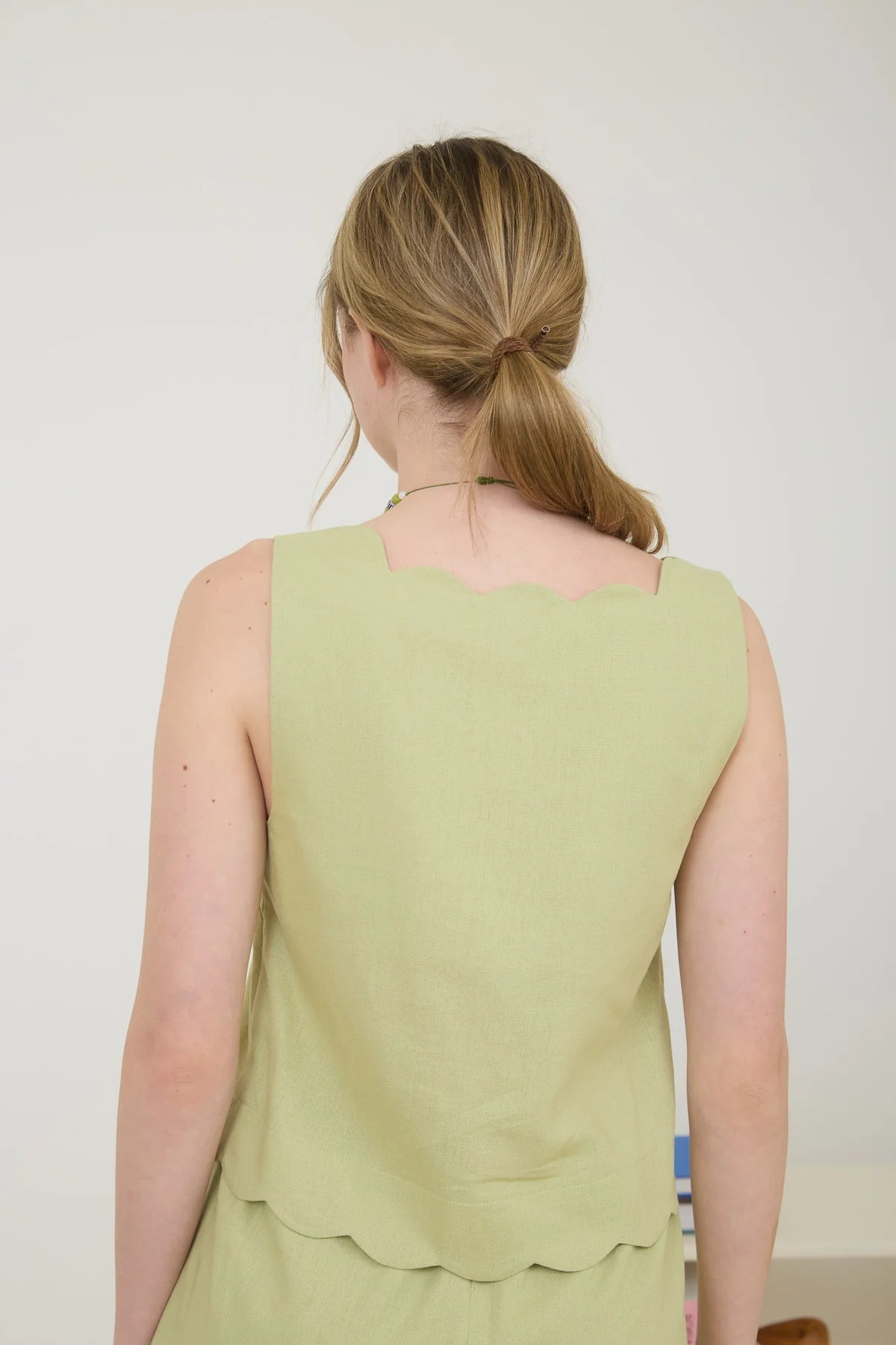 Stephanie Scallop Trim Woven Tank and High Waisted Short Set - Pistachio Green