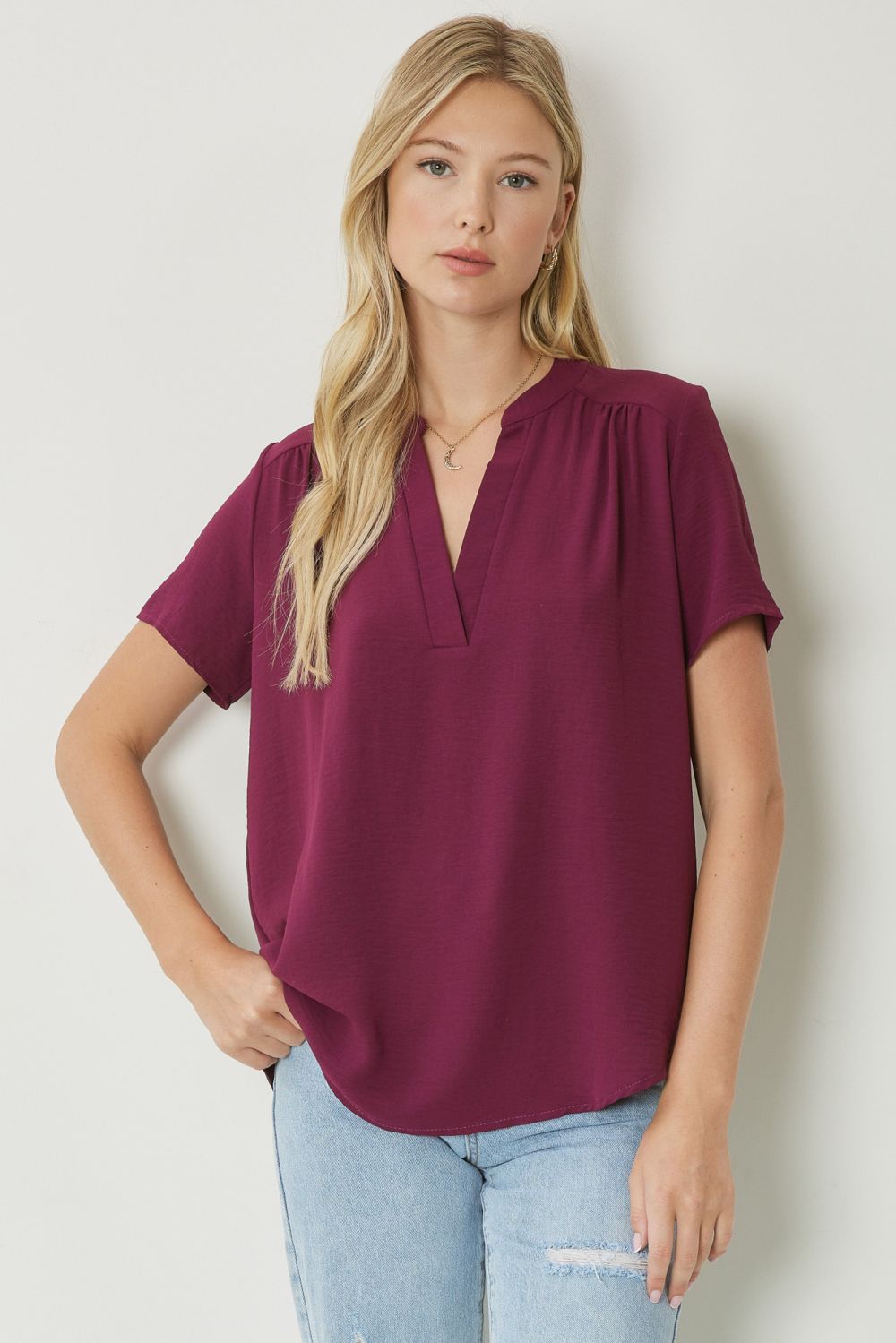 zSALE Lydia Essential V-Neck Woven Short Sleeve Blouse - Burgundy