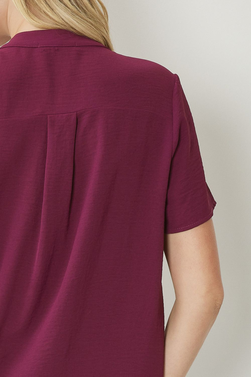 zSALE Lydia Essential V-Neck Woven Short Sleeve Blouse - Burgundy