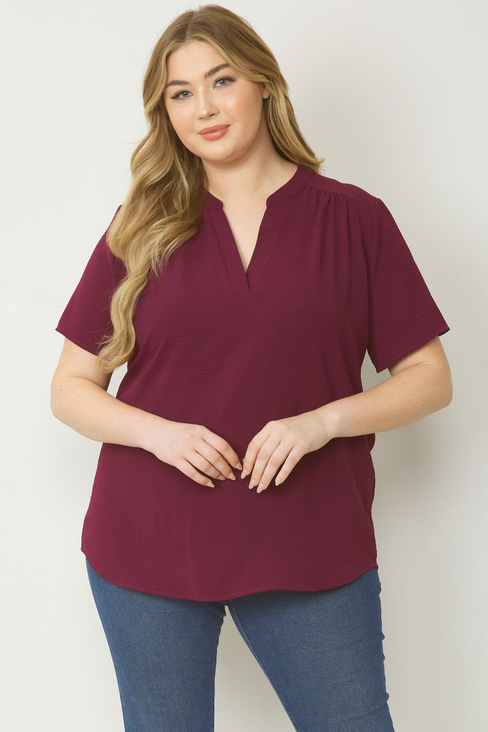 Curve Lydia Essential V-Neck Woven Short Sleeve Blouse - Burgundy