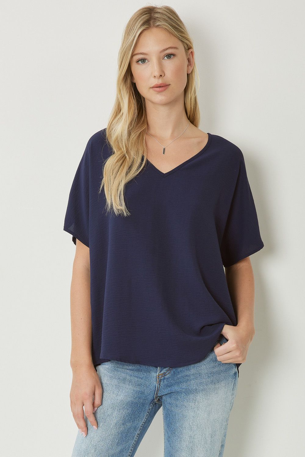 Thea Essential V-Neck Short Sleeve Woven Blouse - Navy