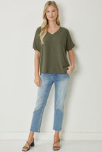 Load image into Gallery viewer, Thea Essential V-Neck Short Sleeve Woven Blouse - Olive Green
