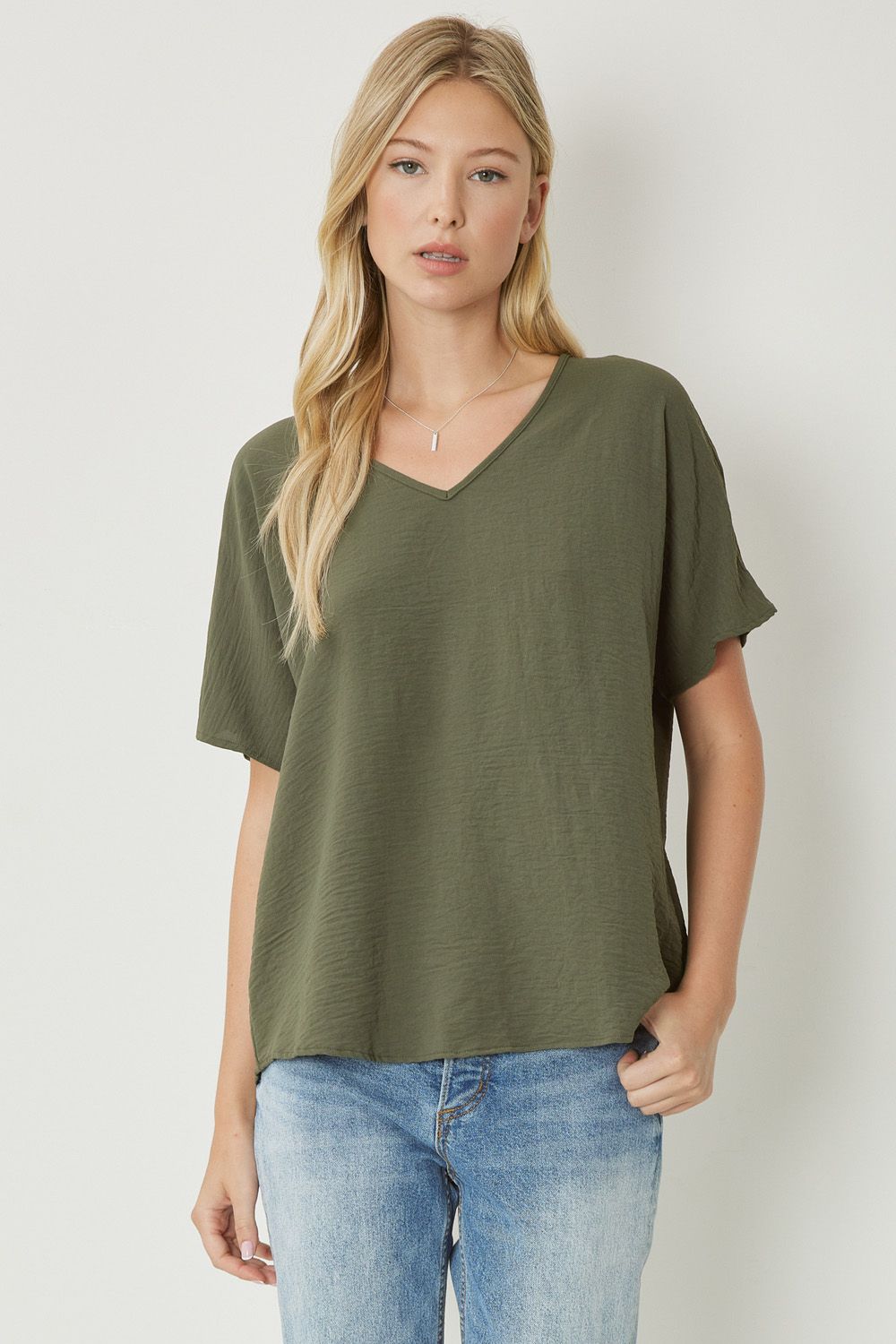 Thea Essential V-Neck Short Sleeve Woven Blouse - Olive Green