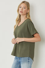 Load image into Gallery viewer, Thea Essential V-Neck Short Sleeve Woven Blouse - Olive Green
