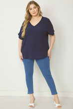 Load image into Gallery viewer, Curve Thea Essential V-Neck Short Sleeve Woven Blouse - Navy
