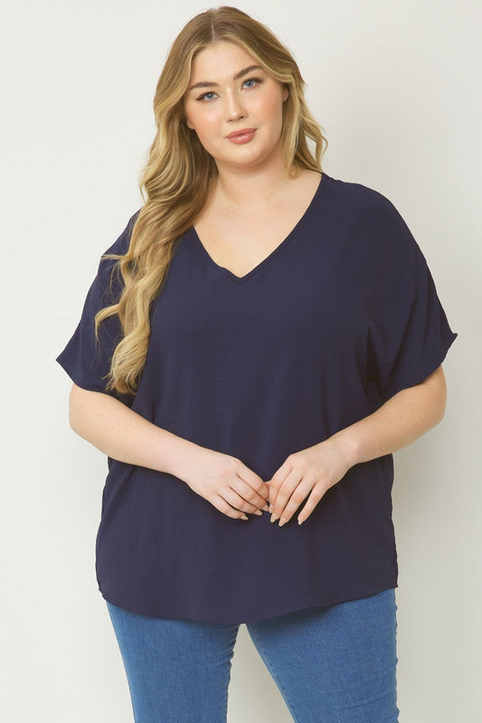 Thea Curve Essential V-Neck Short Sleeve Woven Blouse - Navy