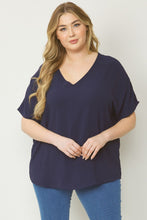 Load image into Gallery viewer, Curve Thea Essential V-Neck Short Sleeve Woven Blouse - Navy
