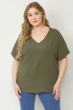 Load image into Gallery viewer, Curve Thea Essential V-Neck Short Sleeve Woven Blouse - Olive Green
