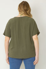 Load image into Gallery viewer, Curve Thea Essential V-Neck Short Sleeve Woven Blouse - Olive Green
