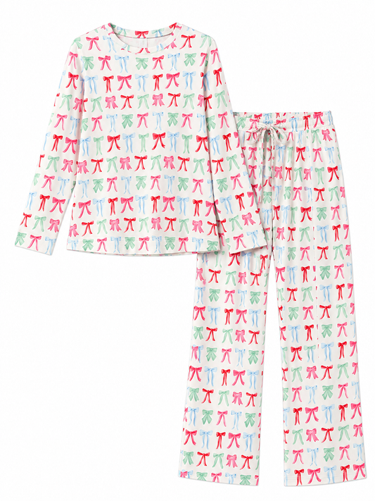 Colorful Bows Annie Printed Long Sleeve Pant Pajama Set - Multi