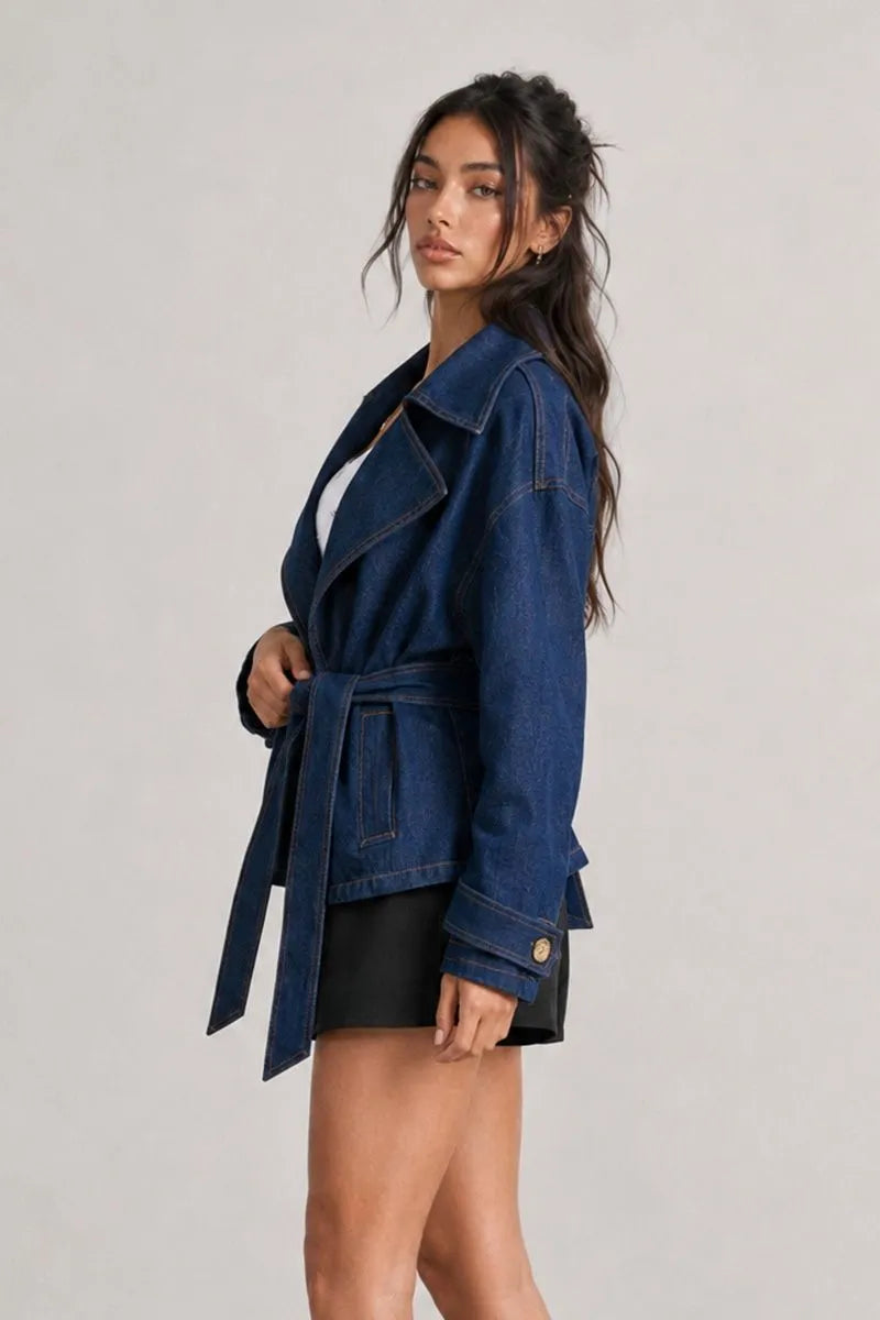 Miranda Denim Cropped Belted Trench Coat - Dark Wash
