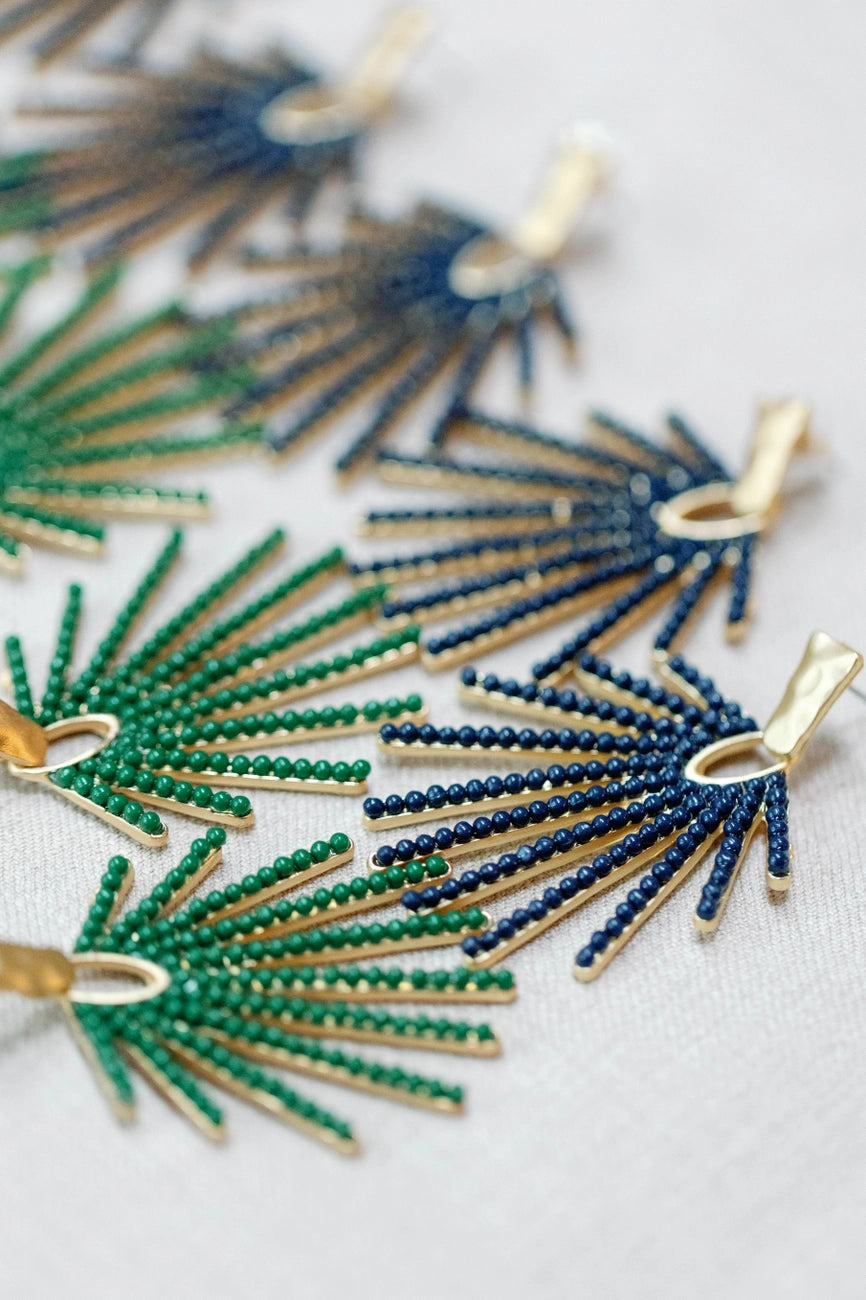 Hammered Gold Sunburst Drop Earrings - Navy Blue