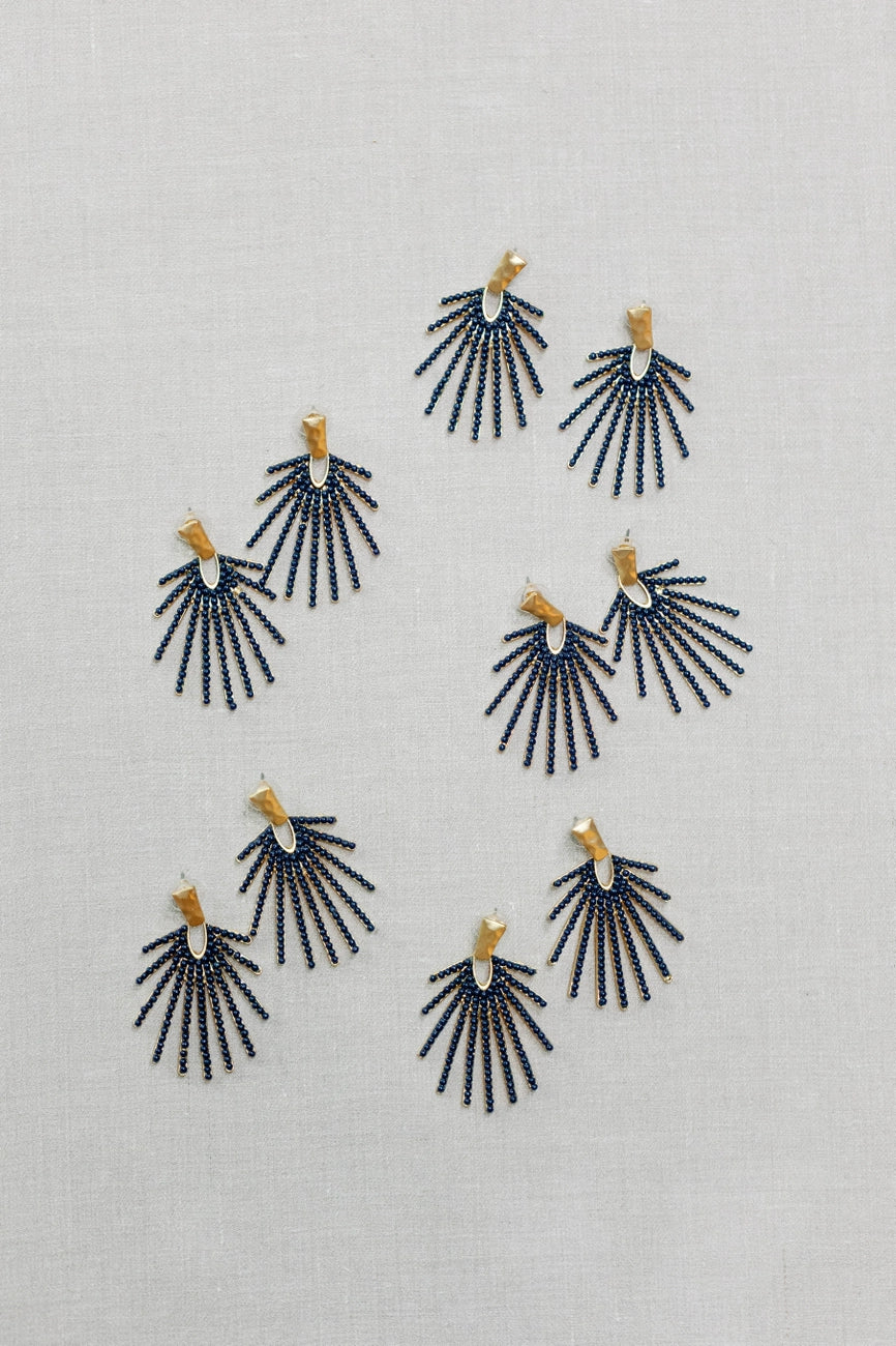 Hammered Gold Sunburst Drop Earrings - Navy Blue
