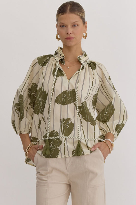 Abbigail Long Sleeve Floral Printed V-Neck Tie Front Blouse - Green Multi