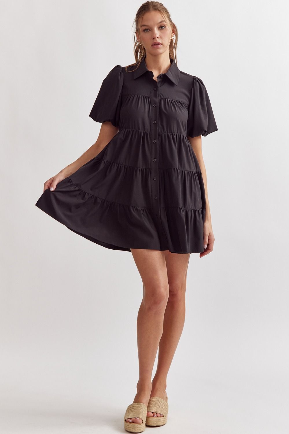 Abby Short Puff Sleeve Tiered Ruffle Mini Dress - Black