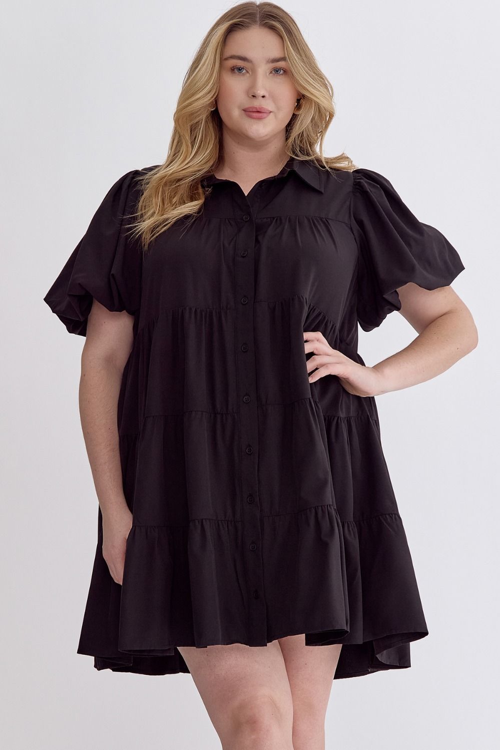 Abby Curve Short Puff Sleeve Tiered Ruffle Mini Dress - Black