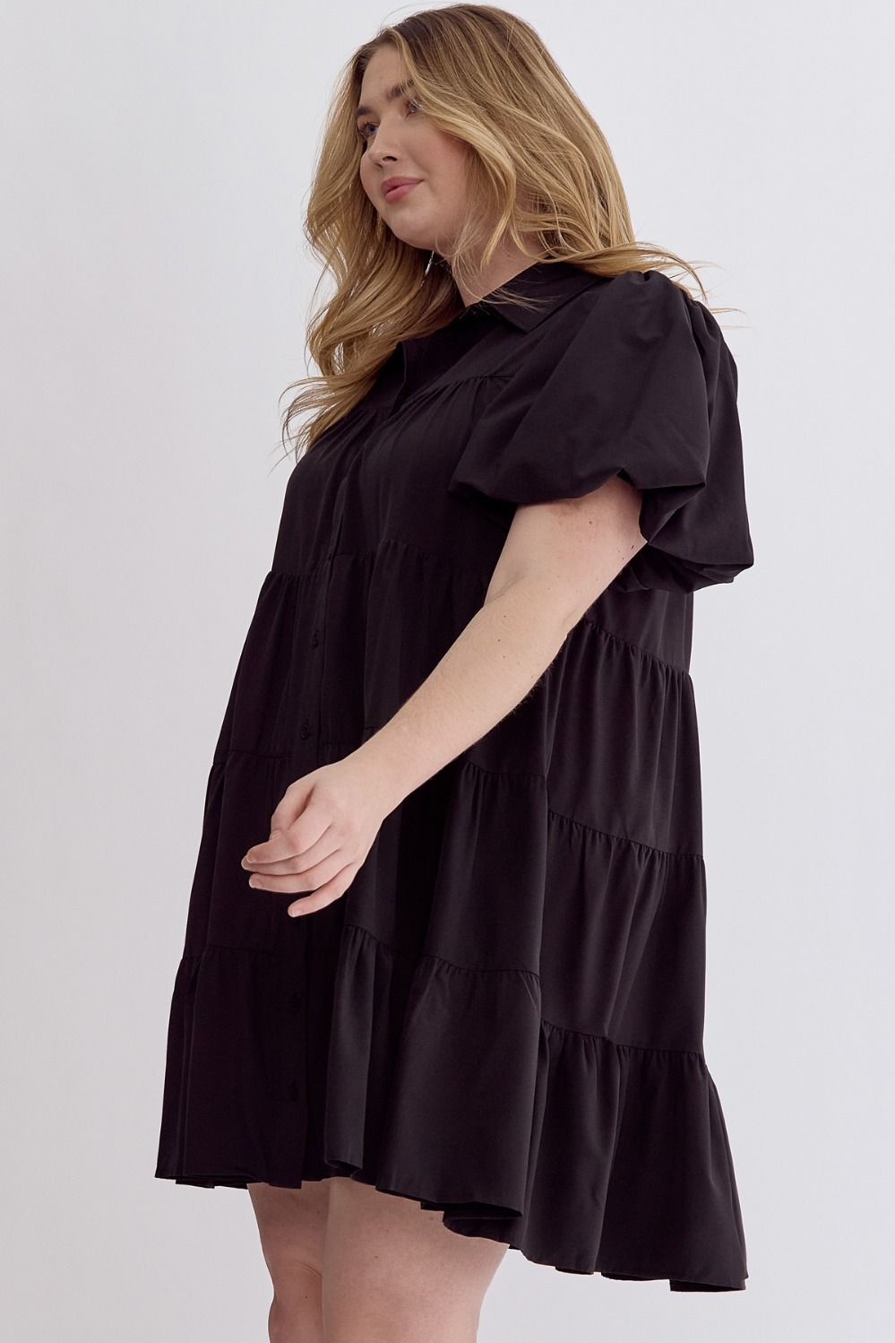 Abby Curve Short Puff Sleeve Tiered Ruffle Mini Dress - Black