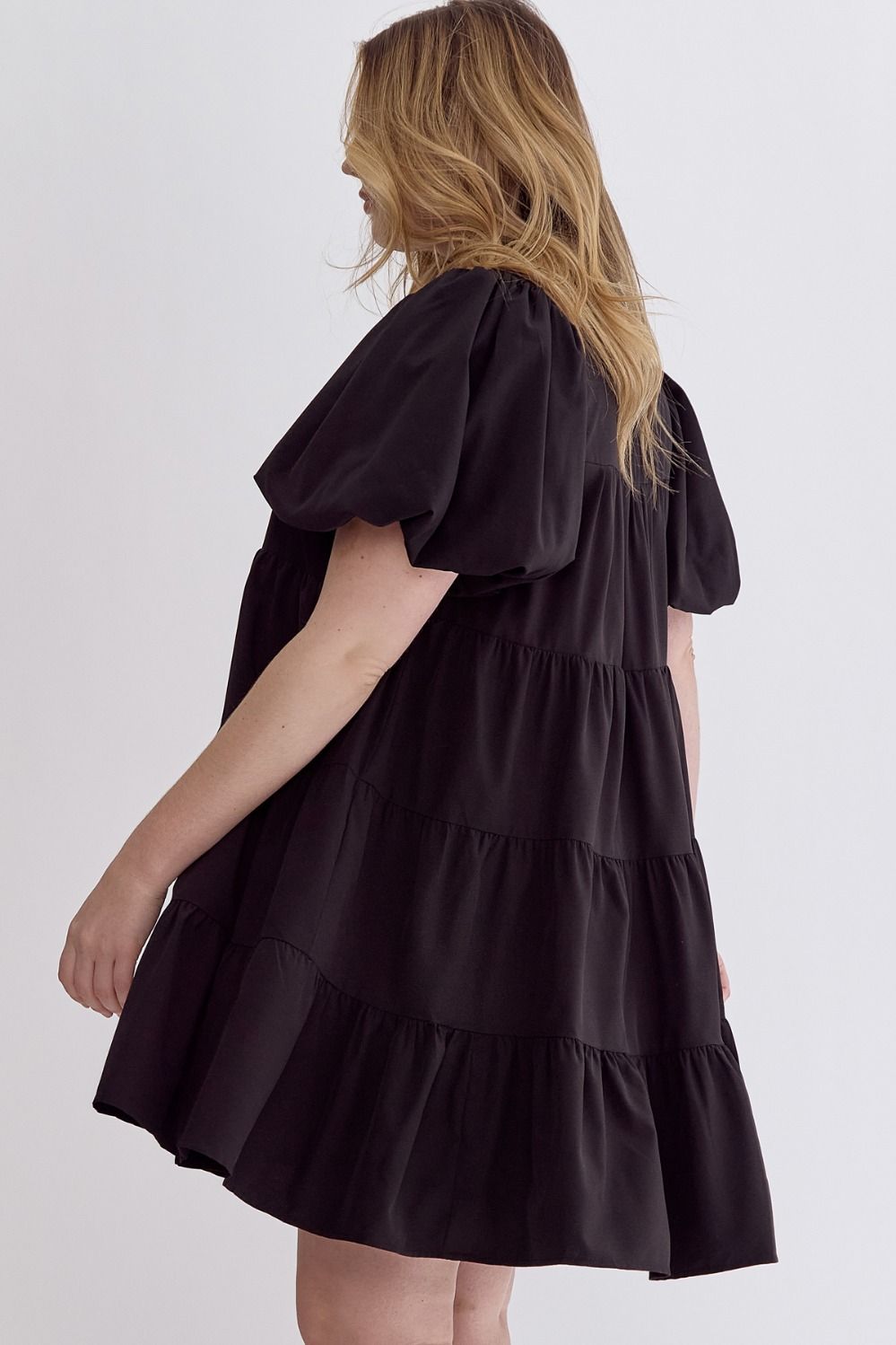 Abby Curve Short Puff Sleeve Tiered Ruffle Mini Dress - Black