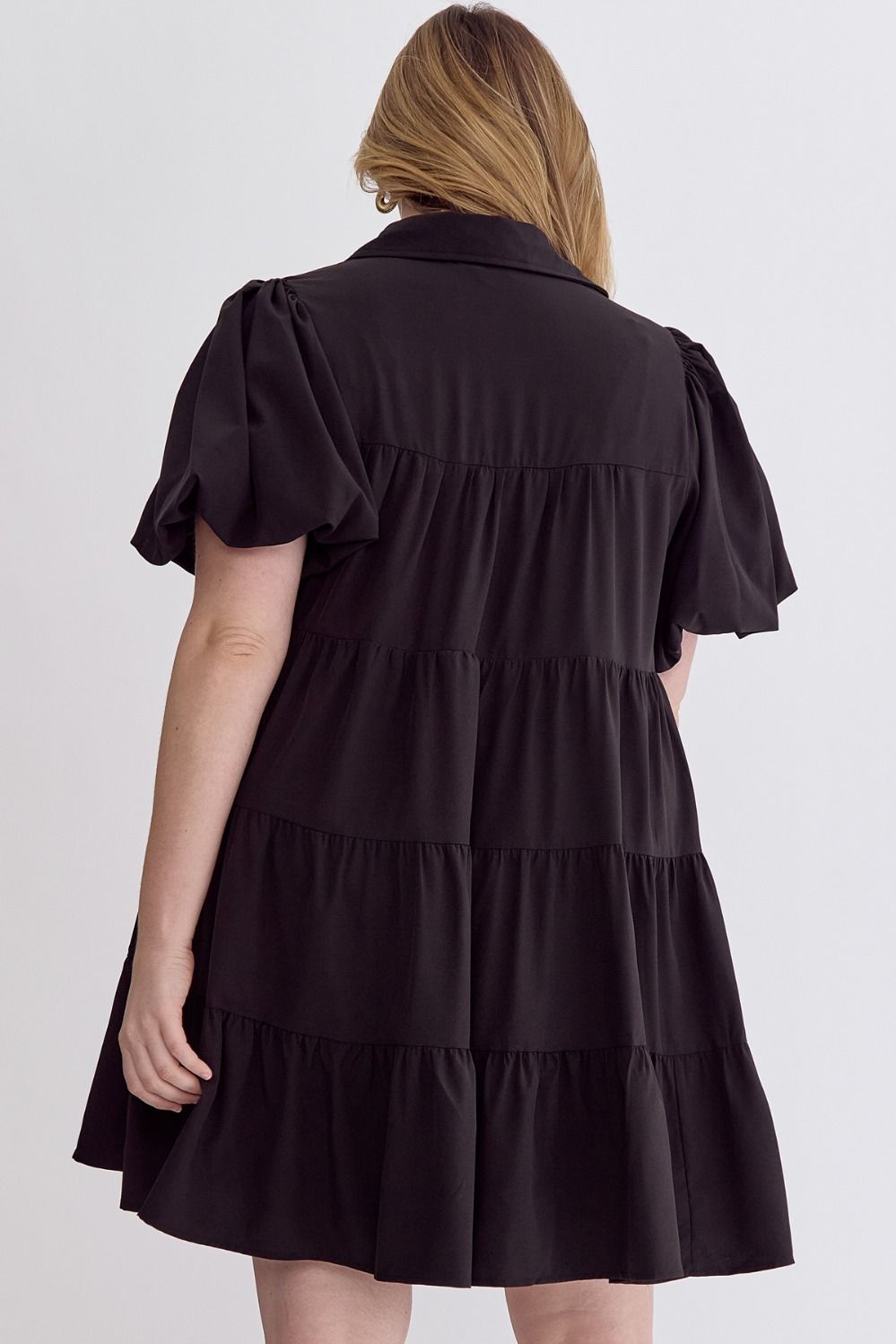 Abby Curve Short Puff Sleeve Tiered Ruffle Mini Dress - Black