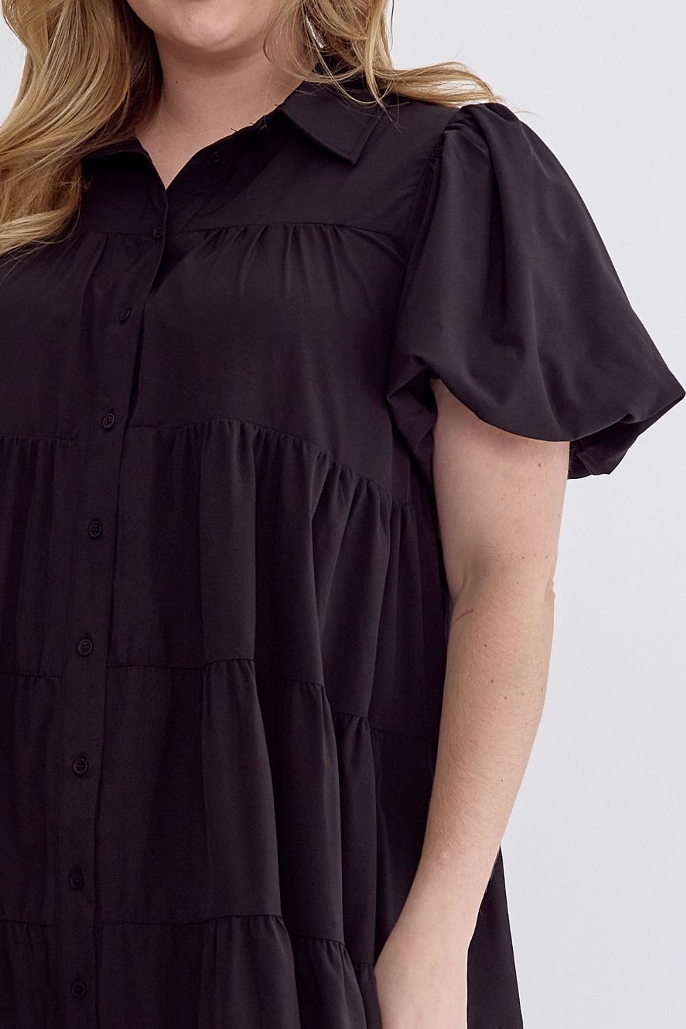 Abby Curve Short Puff Sleeve Tiered Ruffle Mini Dress - Black