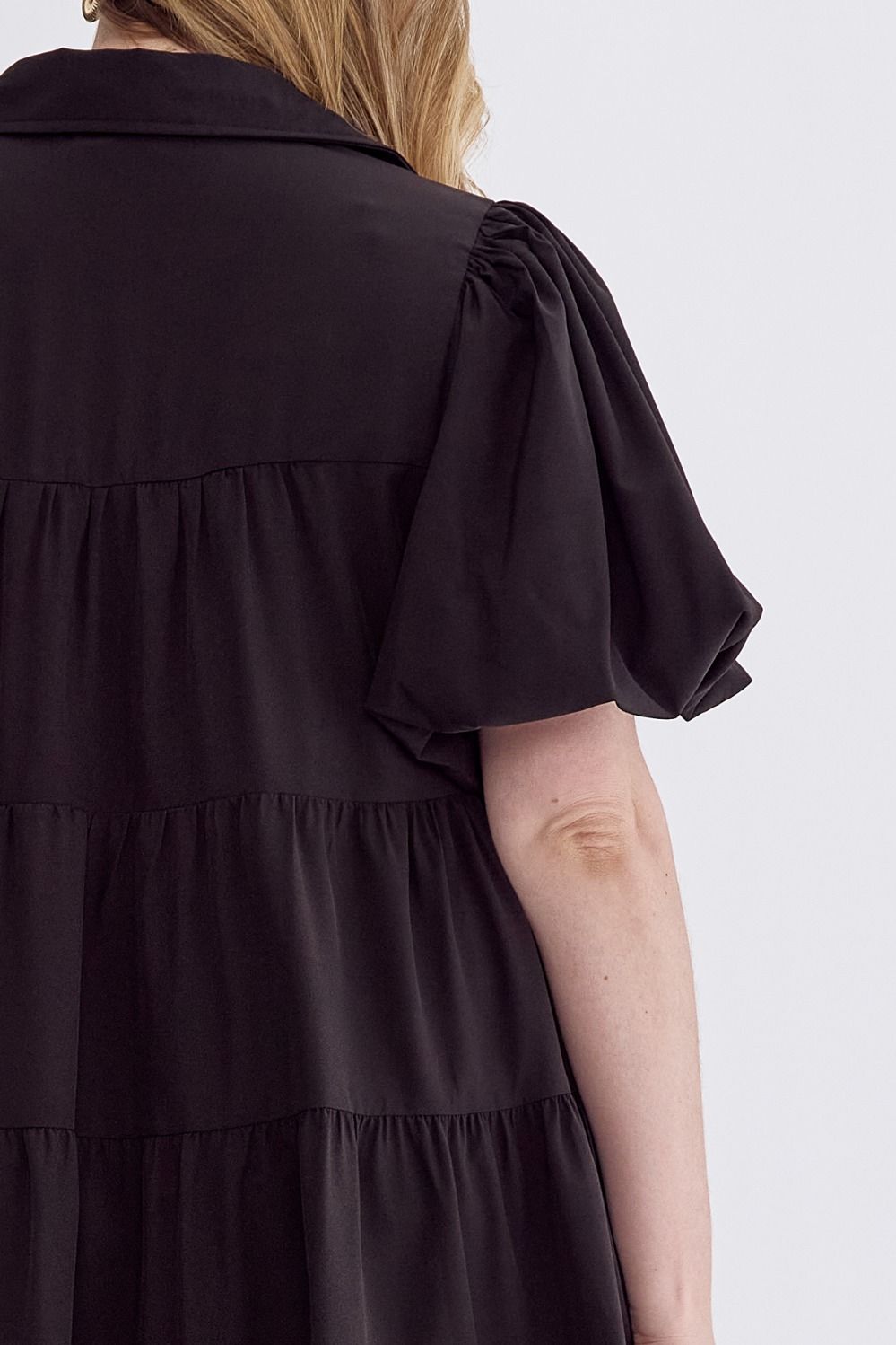 Abby Curve Short Puff Sleeve Tiered Ruffle Mini Dress - Black
