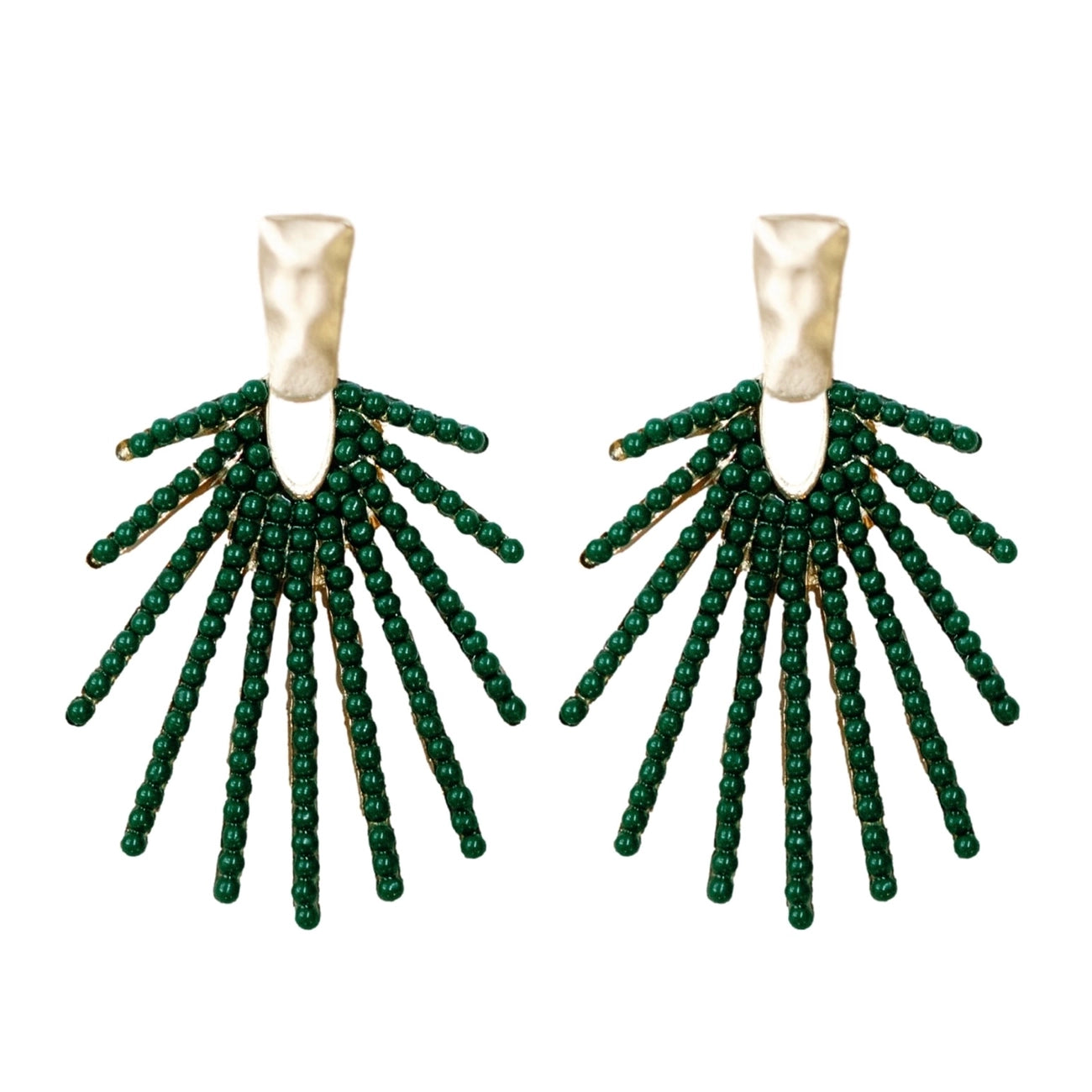 Hammered Gold Sunburst Drop Earrings - Olive Green