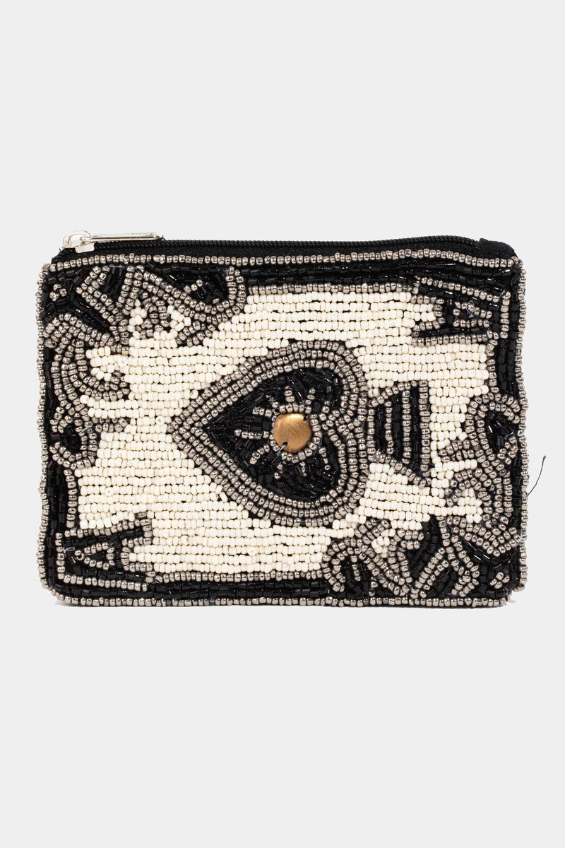 Ace of Spades Card Print Seed Beaded Coin Pouch - Black Multi