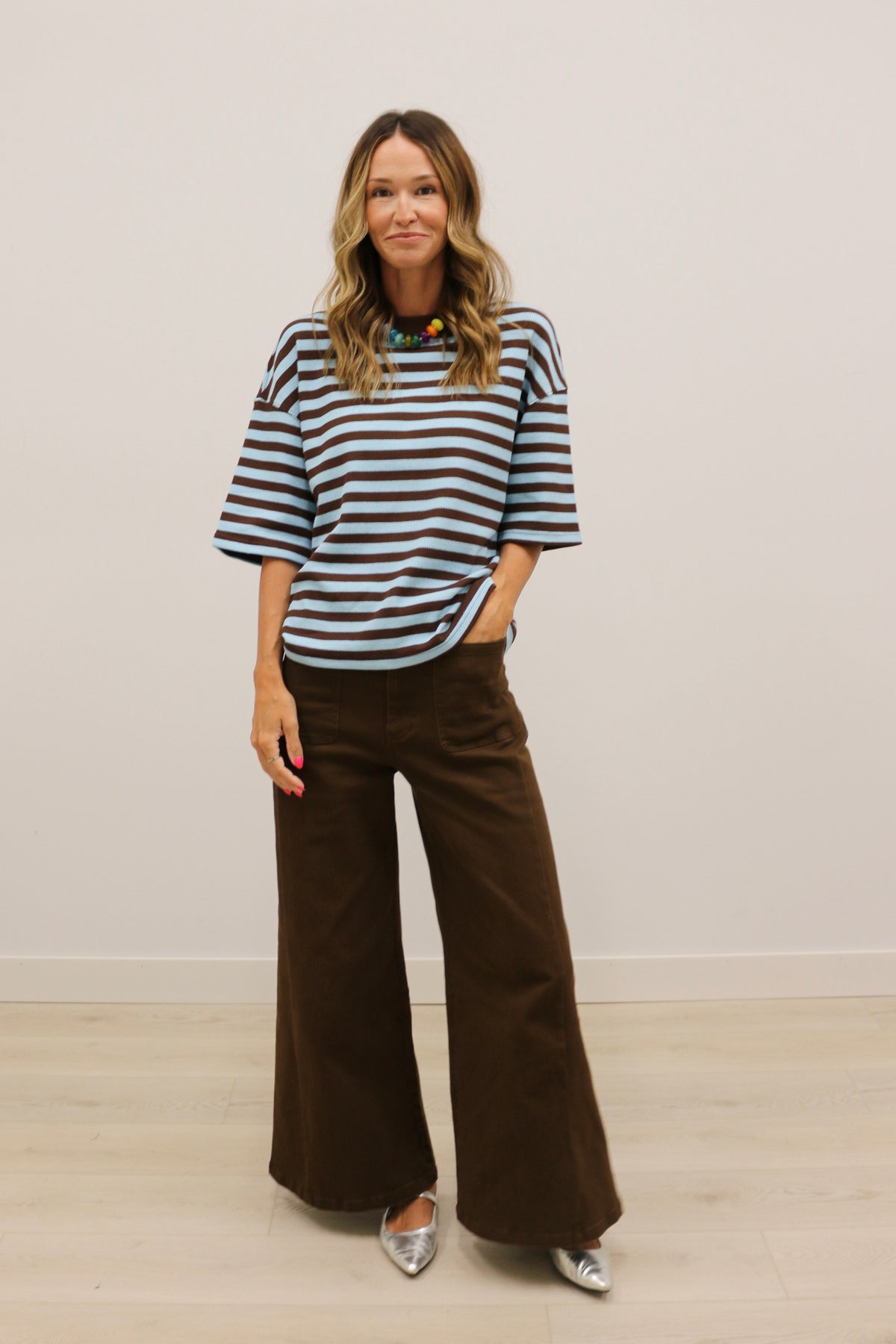 Ace Oversized Stripe Ribbed Knit Top - Brown Aqua