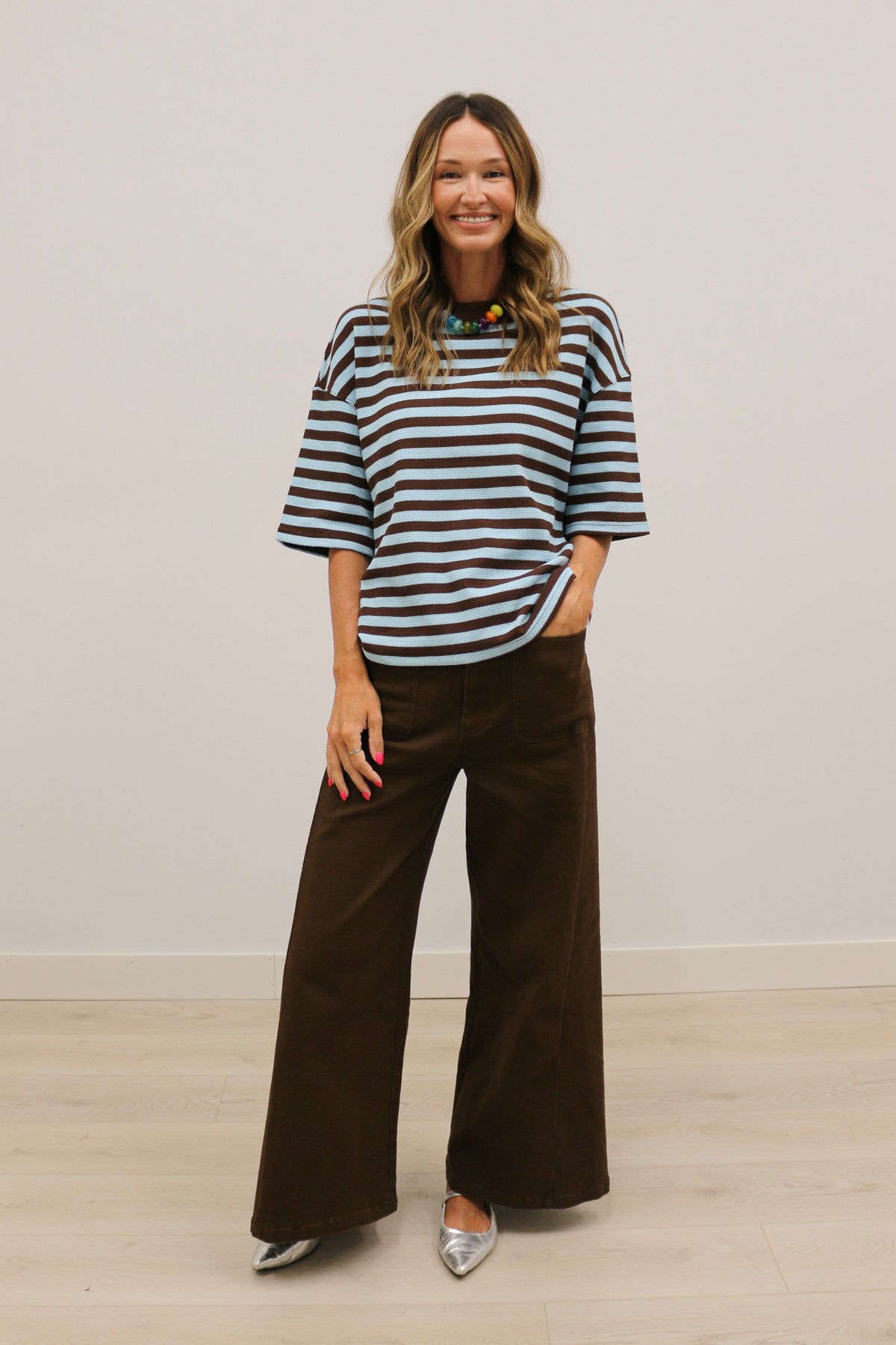 Ace Oversized Stripe Ribbed Knit Top - Brown Aqua