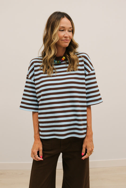 Ace Oversized Stripe Ribbed Knit Top - Brown Aqua