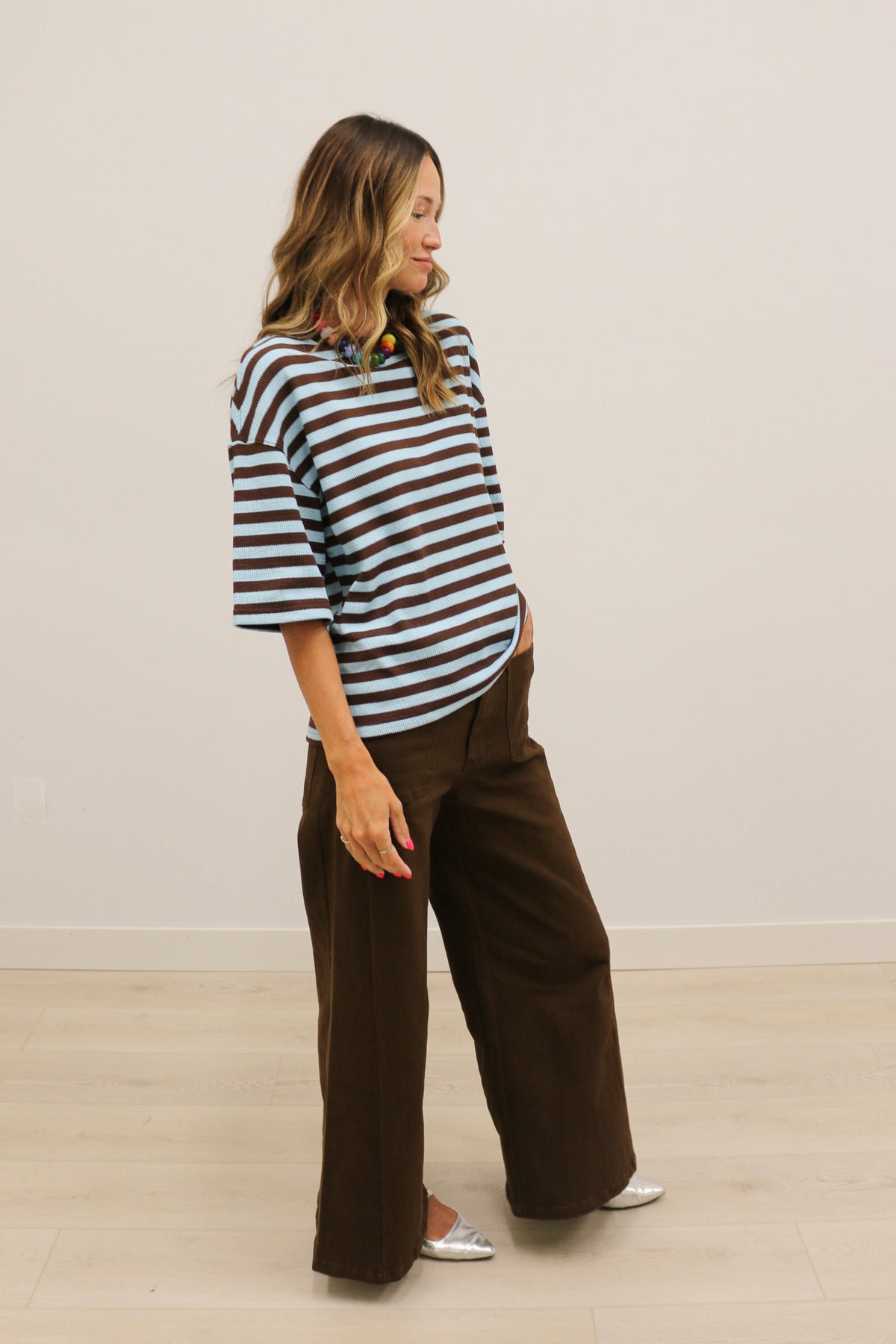 Ace Oversized Stripe Ribbed Knit Top - Brown Aqua
