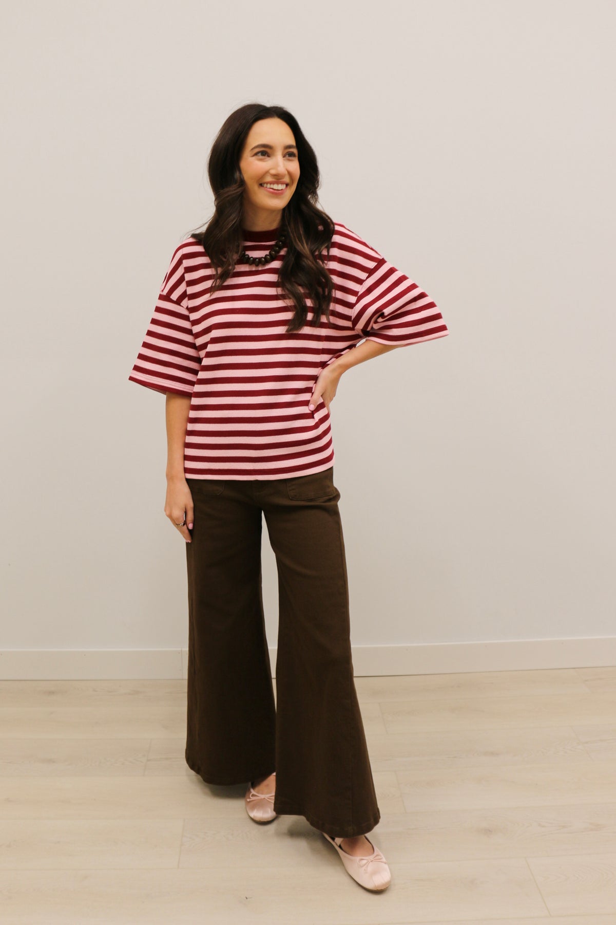Ace Oversized Stripe Ribbed Knit Top - Burgundy Pink