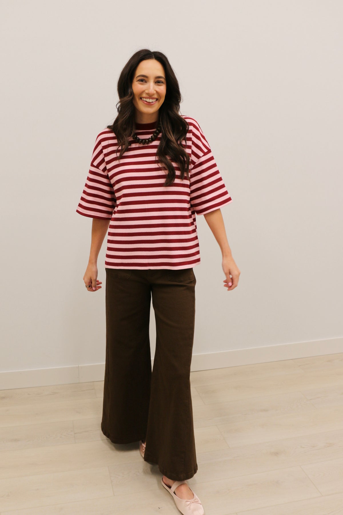 Ace Oversized Stripe Ribbed Knit Top - Burgundy Pink