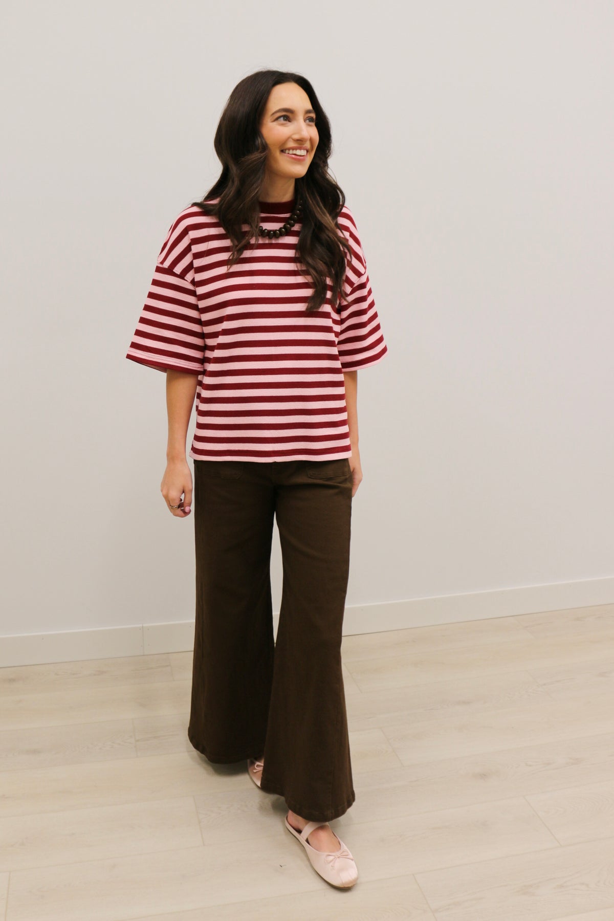 Ace Oversized Stripe Ribbed Knit Top - Burgundy Pink