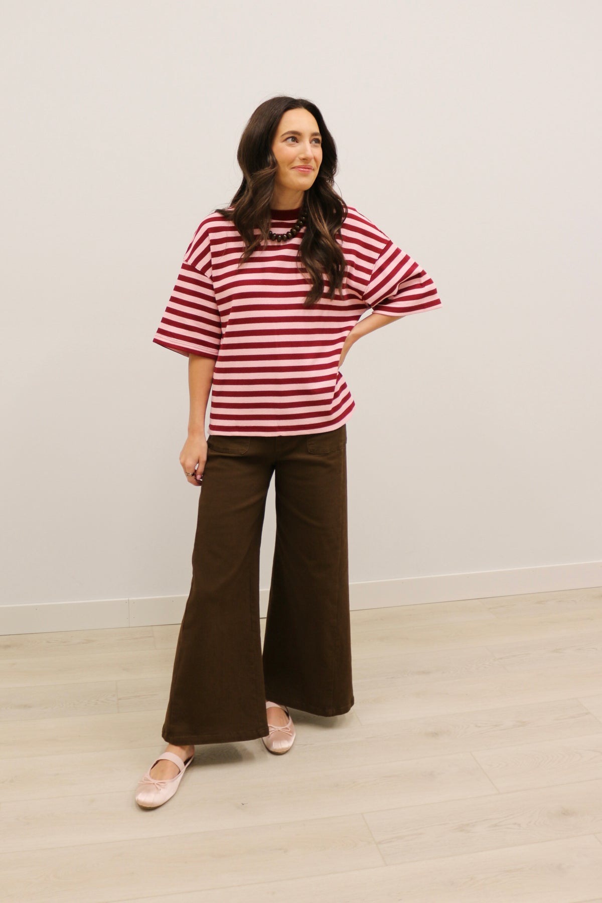 Ace Oversized Stripe Ribbed Knit Top - Burgundy Pink