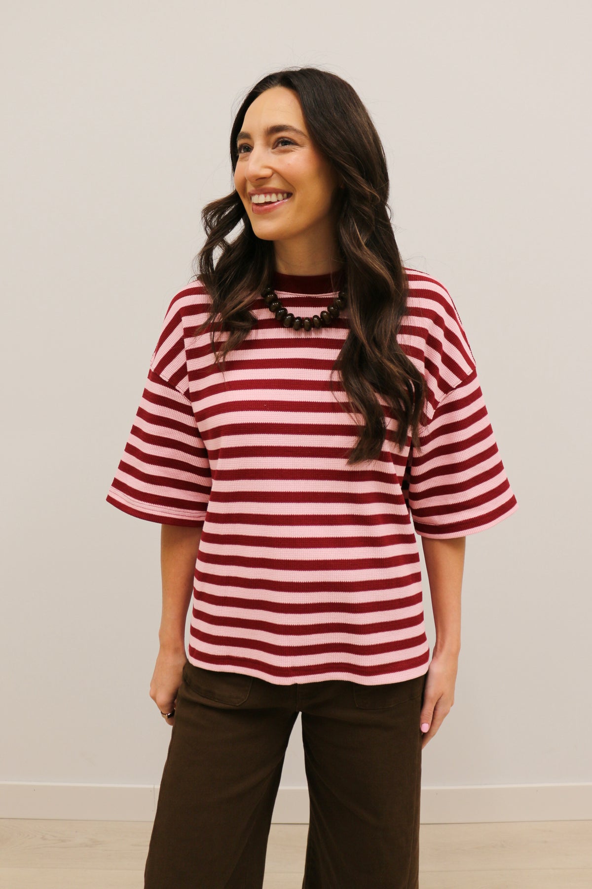 Ace Oversized Stripe Ribbed Knit Top - Burgundy Pink