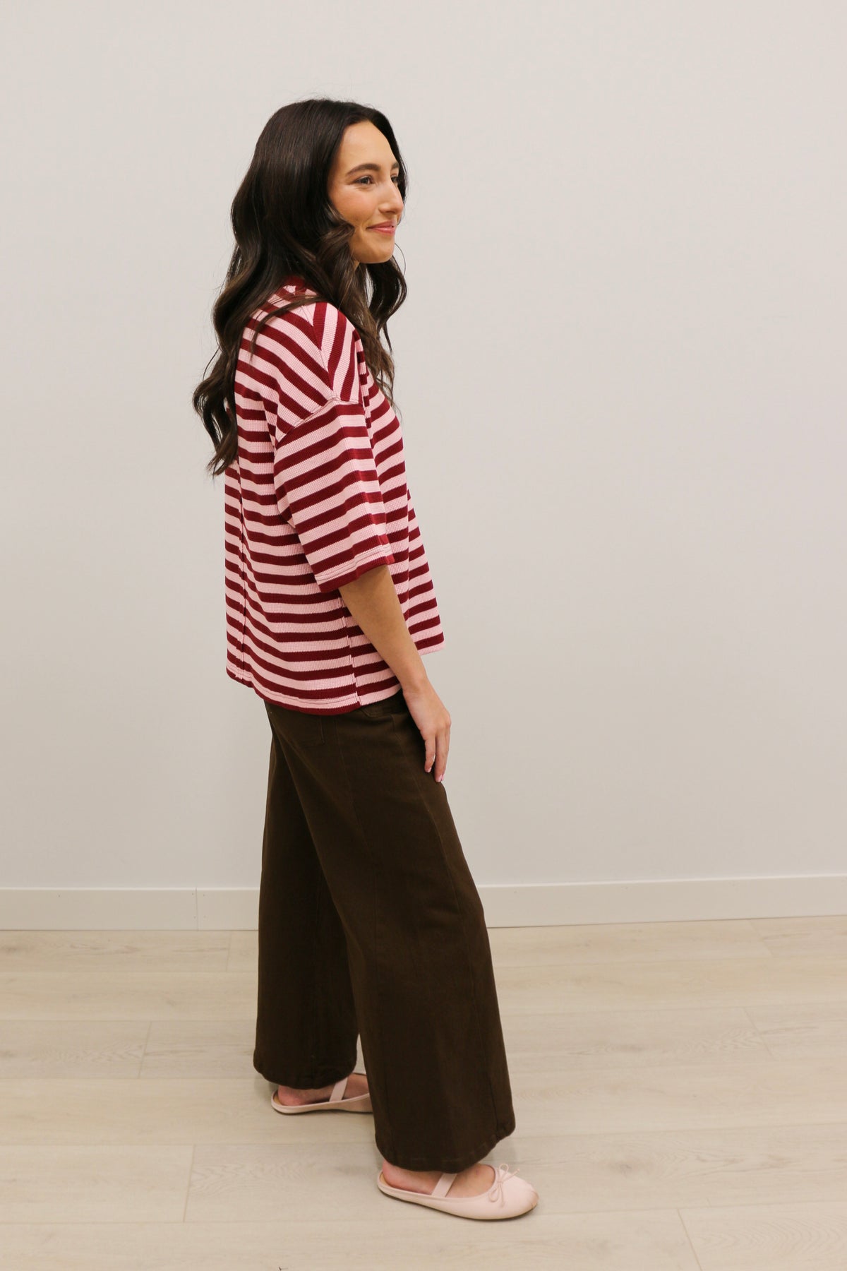 Ace Oversized Stripe Ribbed Knit Top - Burgundy Pink