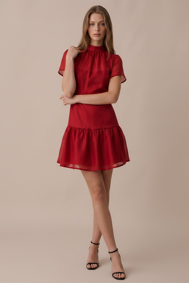 Odette Soft Organza Sheer Slip Short Sleeve Mini Dress - Red