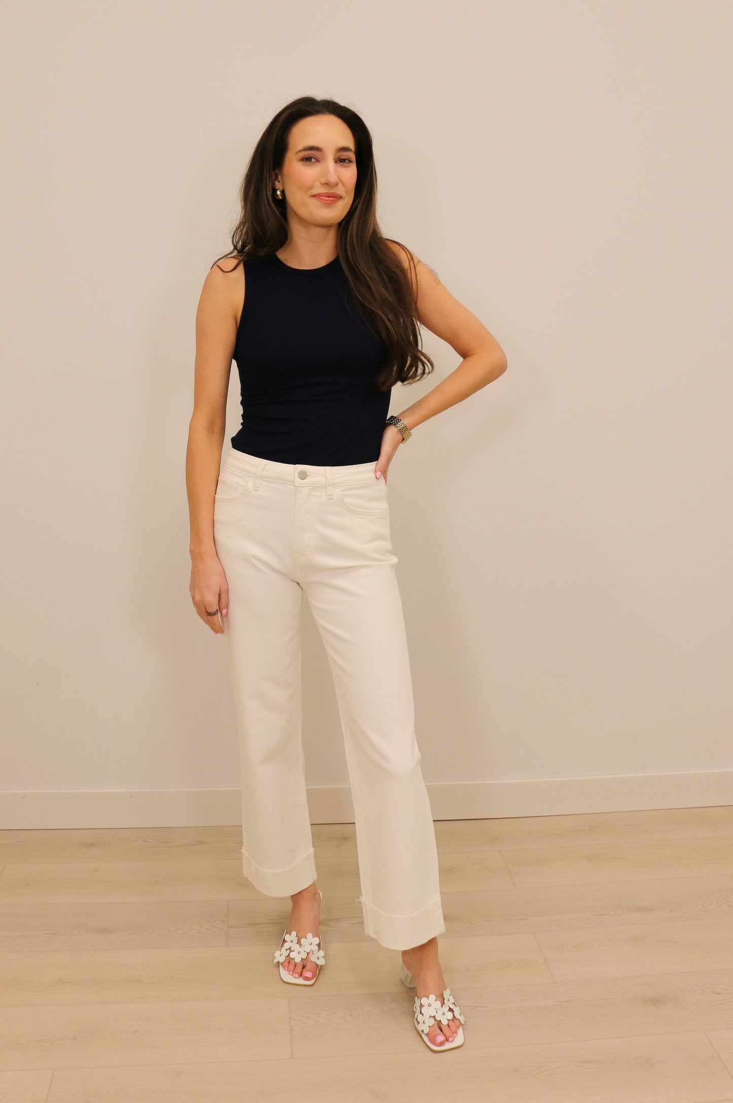 Aileeah High Rise Cuffed Slim Wide Jeans by Vervet - Optic White