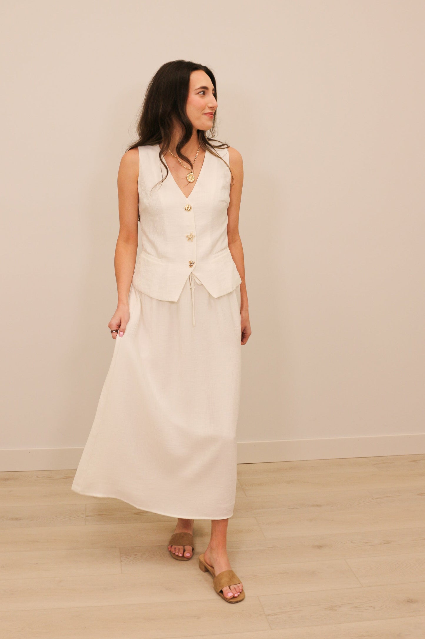 Ariel Drawstring Textured Midi Skirt - White